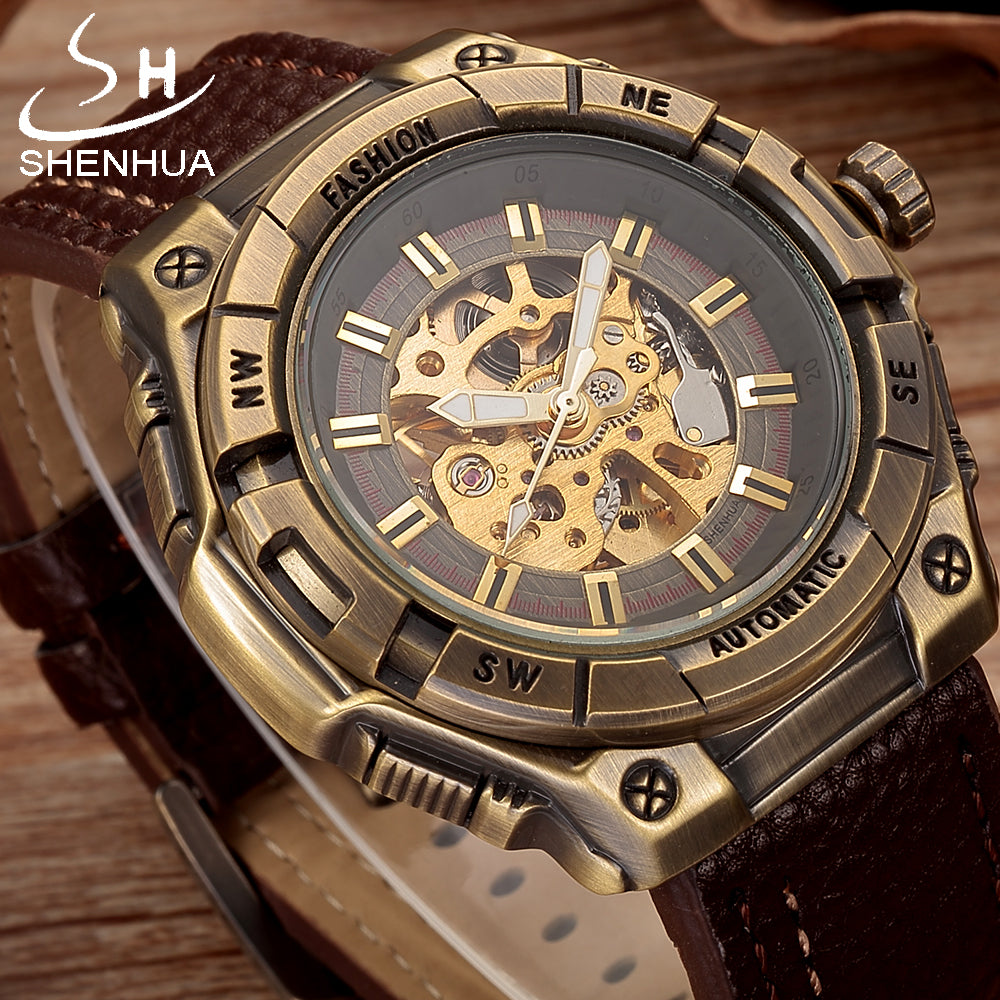 SHENHUA Steampunk Mechanical Transparent Watch Men Vintage Bronze
