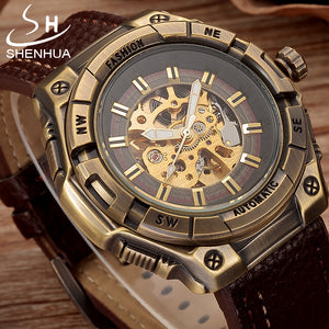 SHENHUA Steampunk Mechanical Transparent Watch Men Vintage Bronze Skeleton Automatic Wrist Watches Pu Leather Wristwatch Clock