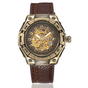 SHENHUA Steampunk Mechanical Transparent Watch Men Vintage Bronze Skeleton Automatic Wrist Watches Pu Leather Wristwatch Clock