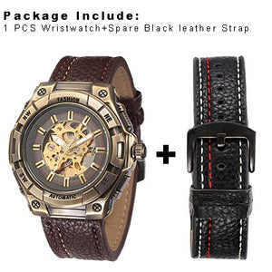 SHENHUA Steampunk Mechanical Transparent Watch Men Vintage Bronze Skeleton Automatic Wrist Watches Pu Leather Wristwatch Clock