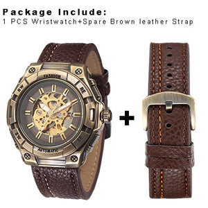 SHENHUA Steampunk Mechanical Transparent Watch Men Vintage Bronze Skeleton Automatic Wrist Watches Pu Leather Wristwatch Clock