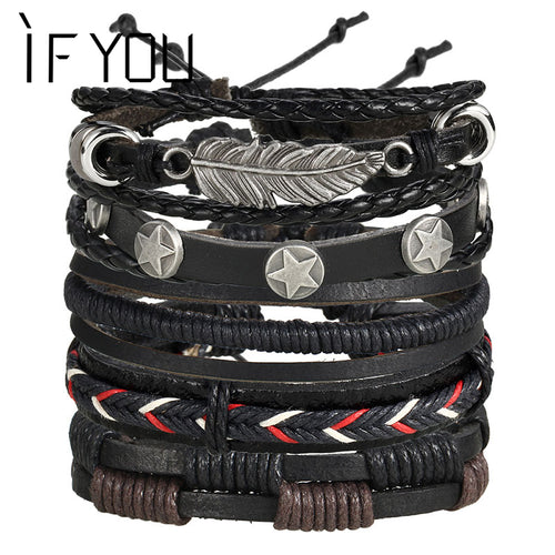 IF YOU Feather Pentagram Multiple Layers Leather Bracelets Men Classic Rope Chain Charms Bracelet For Men Armband Jewelry 2019