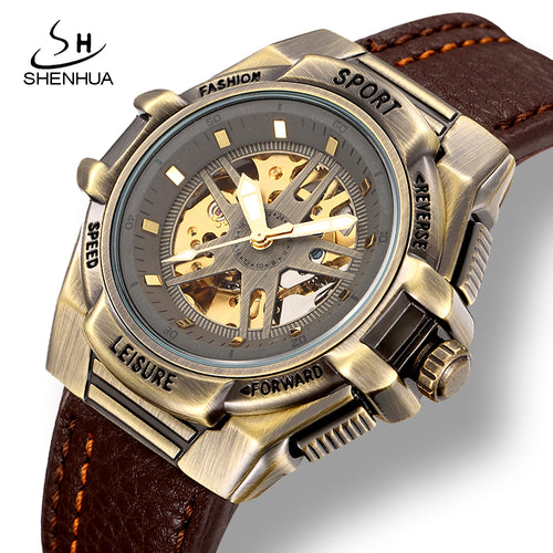 SHENHUA Mens Sport Automatic Wrist Watch Steampunk Men Mechanical Transparent Skeleton Watches Vintage Male Wristwatch Clock