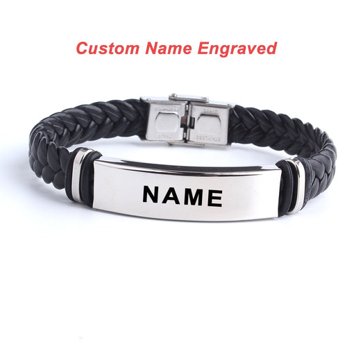 Fashion Custom logo Name Engrave Leather Love Bangle & Bracelet 316L Stainless Steel Bracelets For Women Men ID Bracelet Jewelry