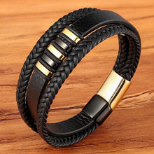 Load image into Gallery viewer, New 3 Layers Black Gold Punk Style Design Genuine Leather Bracelet for Men Steel Magnetic Button Birthday Gift Male Bracelets
