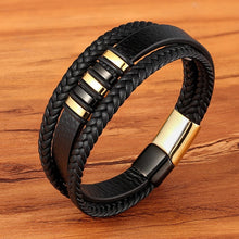 Load image into Gallery viewer, New 3 Layers Black Gold Punk Style Design Genuine Leather Bracelet for Men Steel Magnetic Button Birthday Gift Male Bracelets