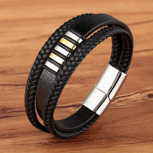 Load image into Gallery viewer, New 3 Layers Black Gold Punk Style Design Genuine Leather Bracelet for Men Steel Magnetic Button Birthday Gift Male Bracelets
