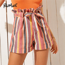 Load image into Gallery viewer, ROMWE Rainbow Striped Self Tie Belted Paperbag Waist Shorts Women Summer Streetwear Ruffle High Waist Bohemian Bottoms Shorts