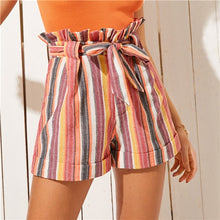 Load image into Gallery viewer, ROMWE Rainbow Striped Self Tie Belted Paperbag Waist Shorts Women Summer Streetwear Ruffle High Waist Bohemian Bottoms Shorts