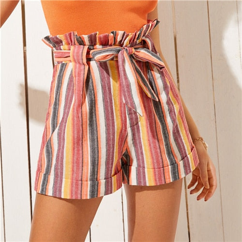 ROMWE Rainbow Striped Self Tie Belted Paperbag Waist Shorts Women Summer Streetwear Ruffle High Waist Bohemian Bottoms Shorts